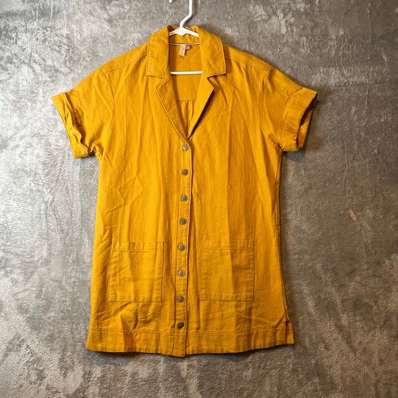 Pilcro Buttondown Shirt Dress Linen Blend Patch Pockets Yellow Utility - Picture 7 of 9